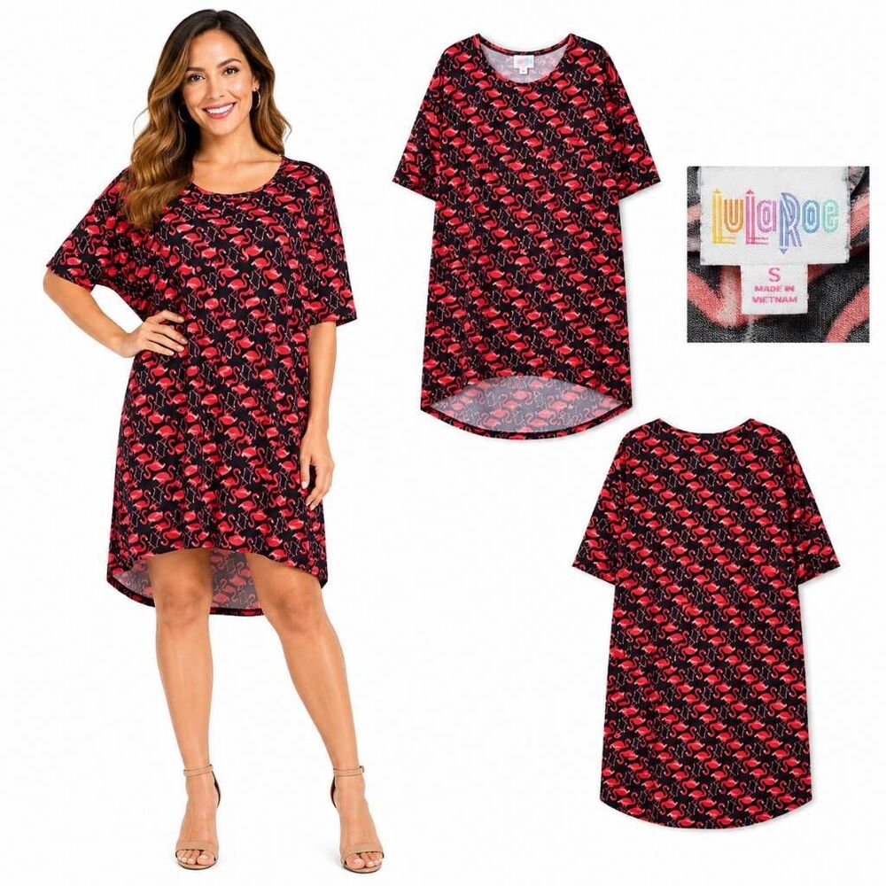 LuLaRoe Carly Dress S Black Red Flamingo Print High-Low Hem Short Sleeve Simply